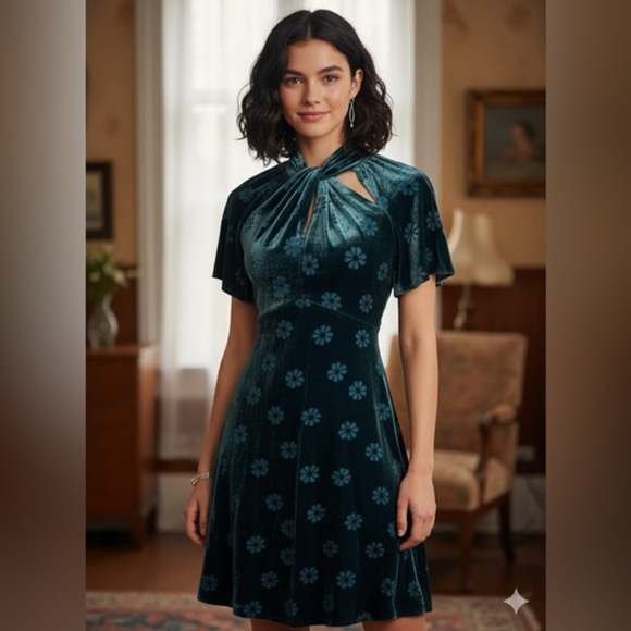 Kate Spade New York Velvet Floral Mini Dress Teal Green Size 00 Party  Holiday